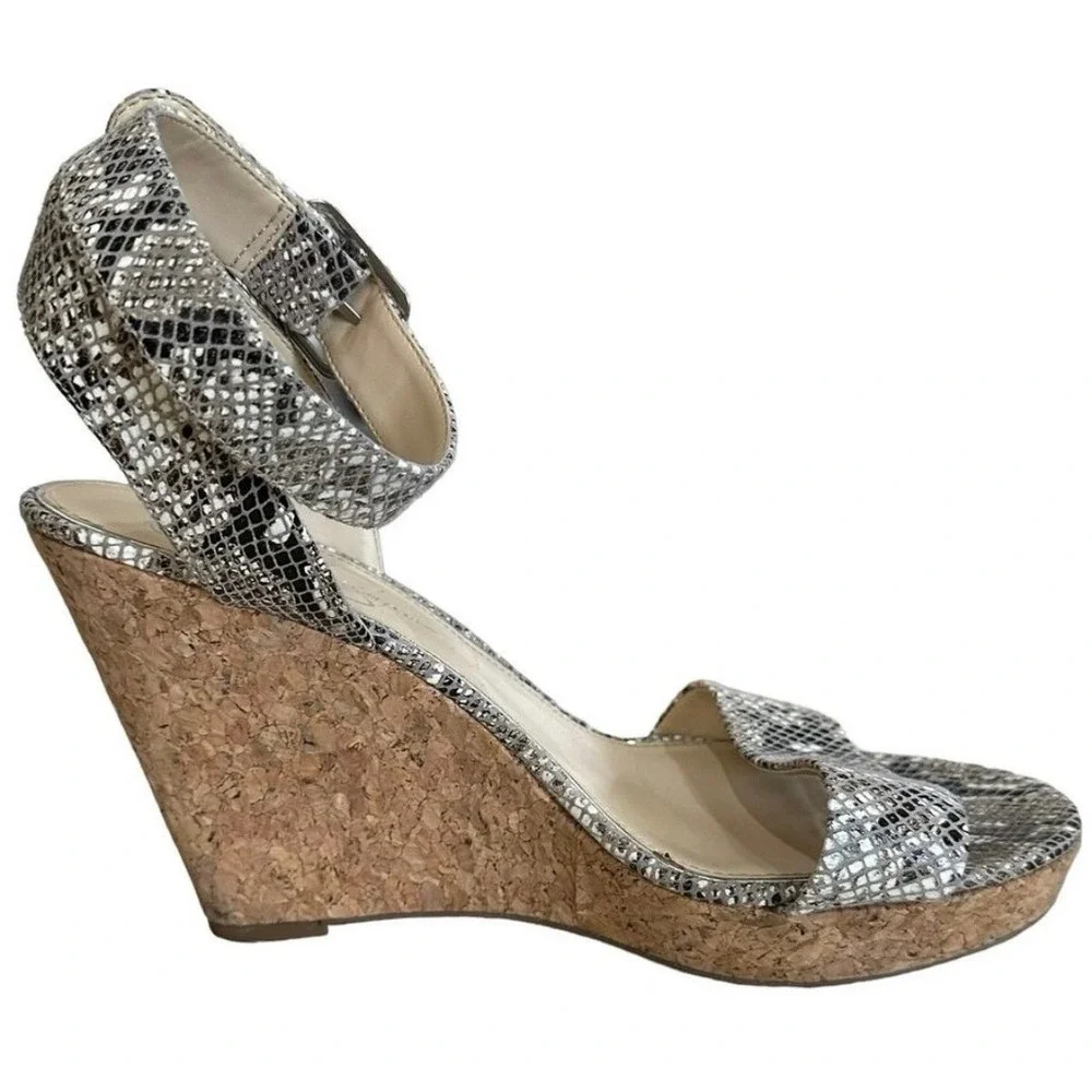 Jessica Simpson Snakeskin Cork Wedge Sandals Grey Black Ankle Strap‎ Size 7.5M